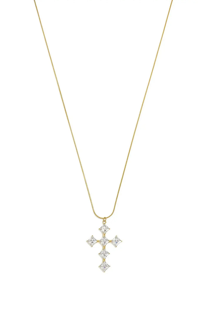 A gold-plated stainless steel snake chain necklace with a cross pendant made of six sparkling square princess-cut cubic zirconia crystals against a white background. grace-princess-cut-crystal-cross-pendant-necklace.webp
