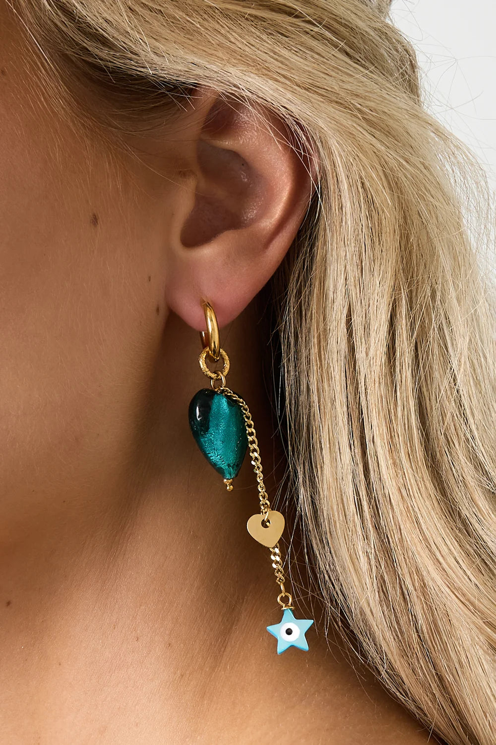 "Esme" Murano Heart & Celestial Drop Huggie Earrings