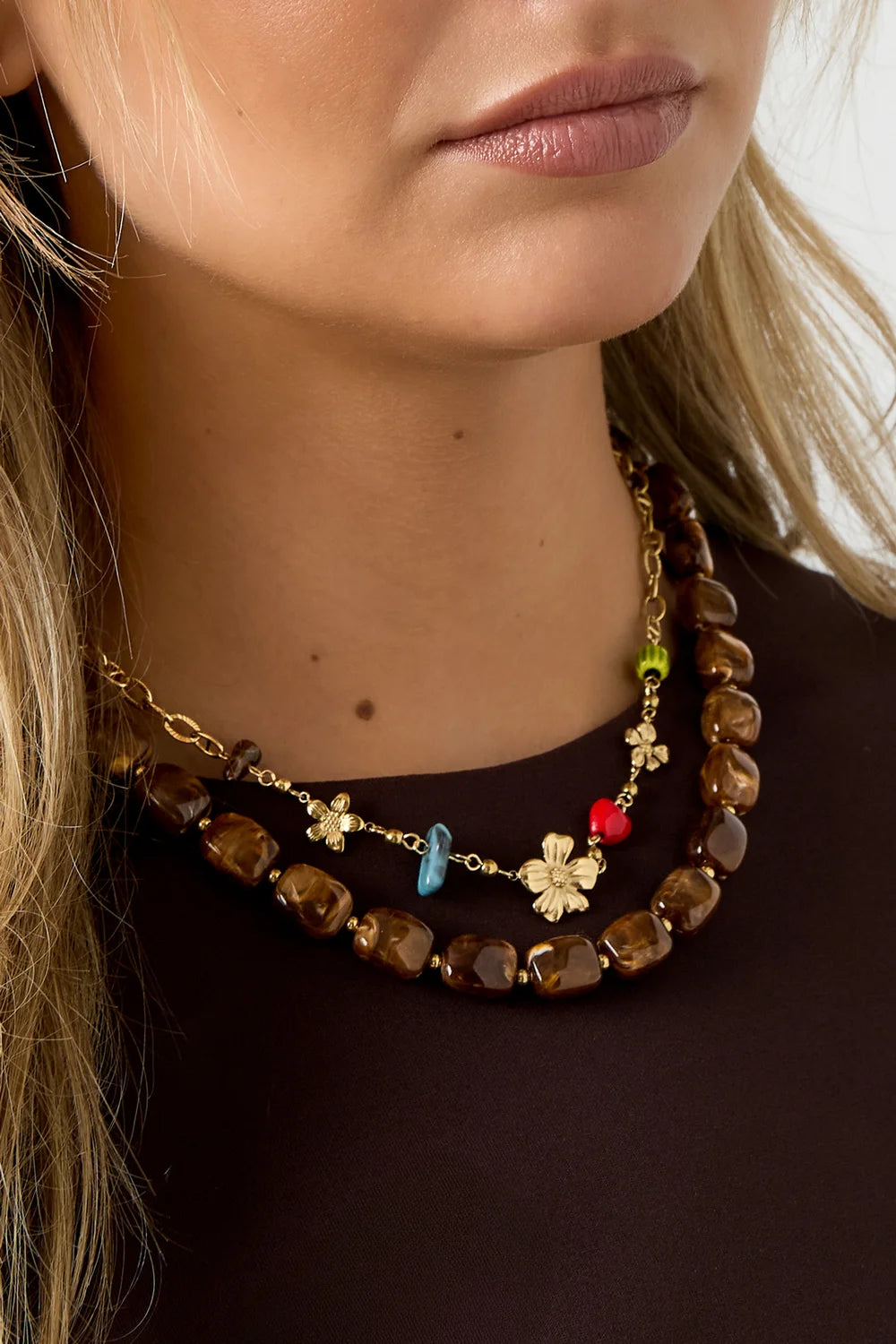 "Fiore" Multi-Gem & Textured Flower Charm Necklace