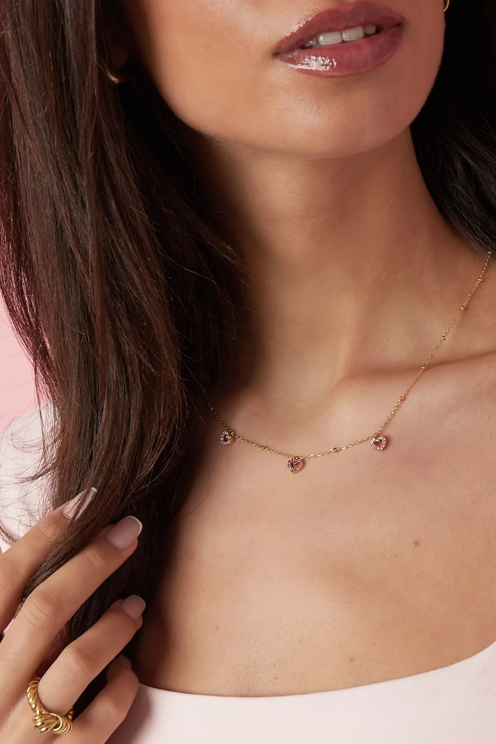 "Colette" Pink Multi-Heart Station Necklace