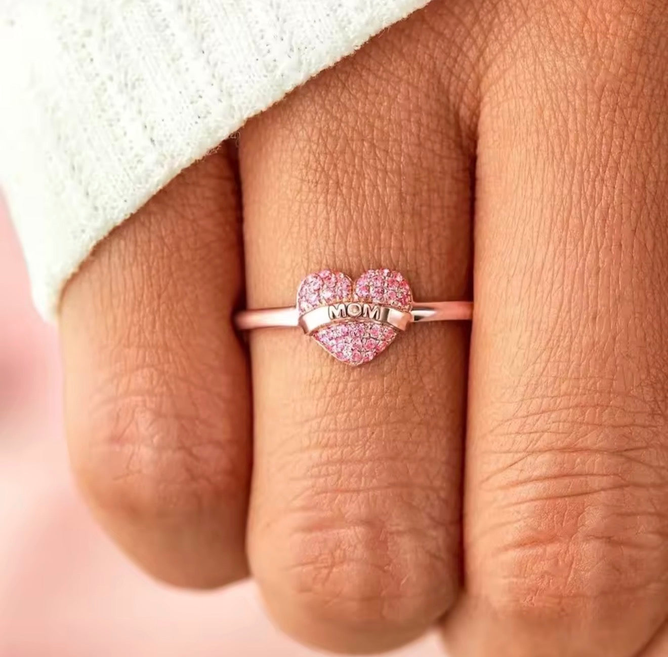 "Amara" Pink Pavé "MOM" Heart Stacking Ring