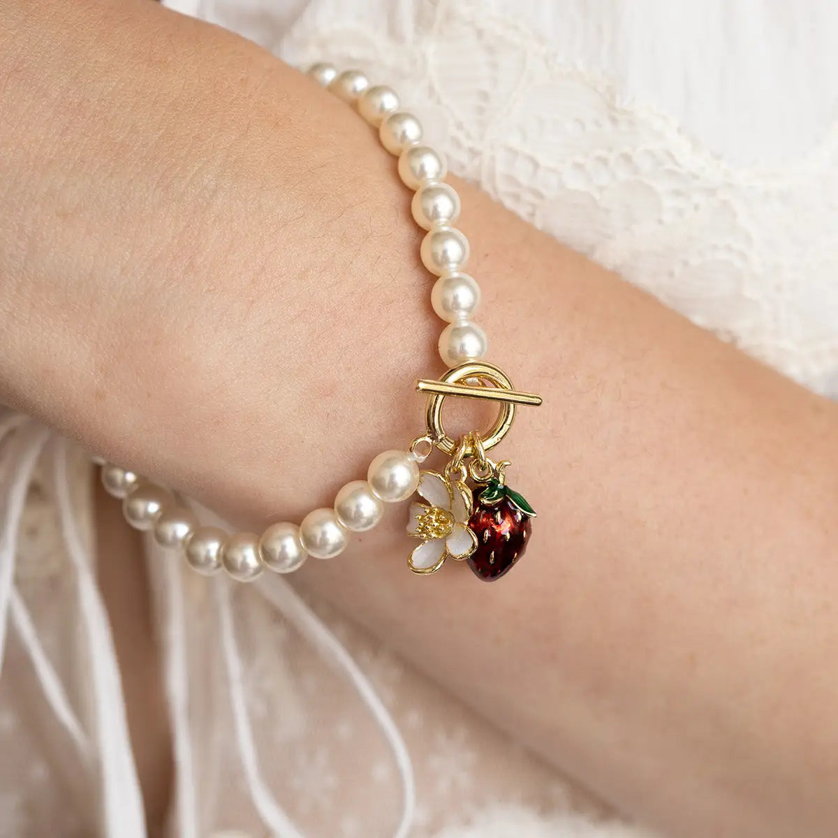 "Wild Strawberry & Blossom" Pearl Toggle Bracelet