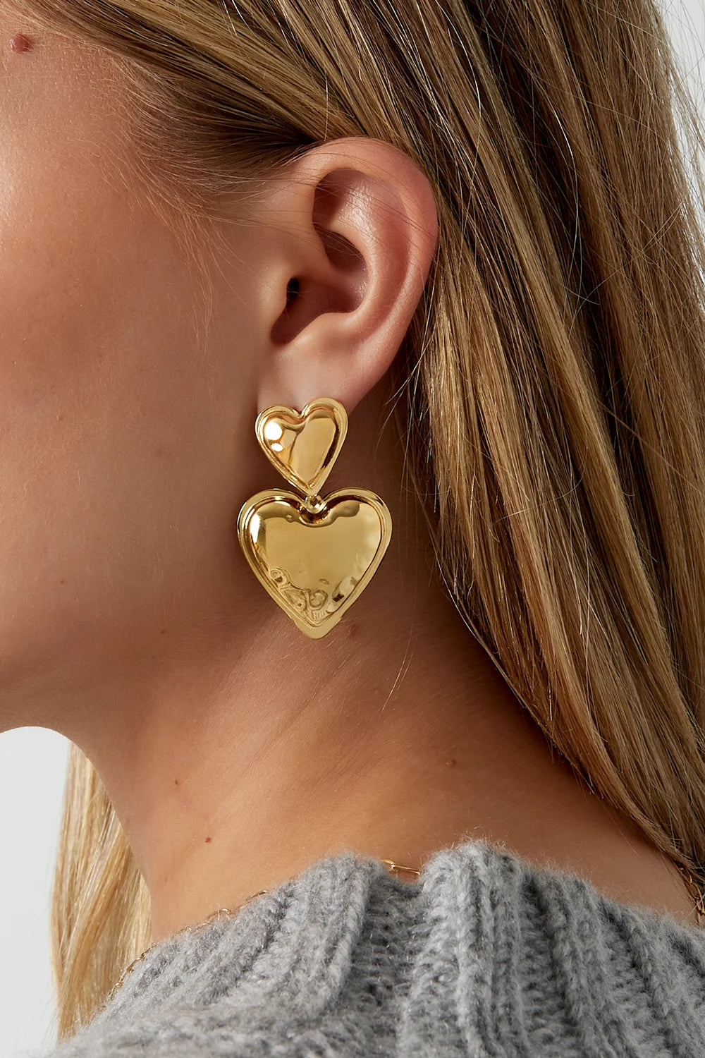 "Chérie" Hammered Double Heart Drop Earrings
