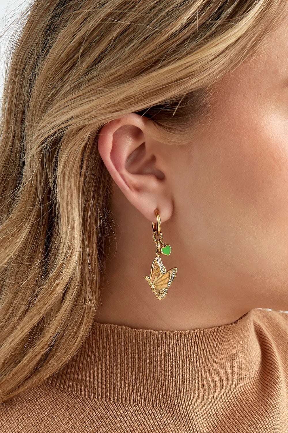 "Mariposa" Butterfly & Green Heart Huggie Earrings