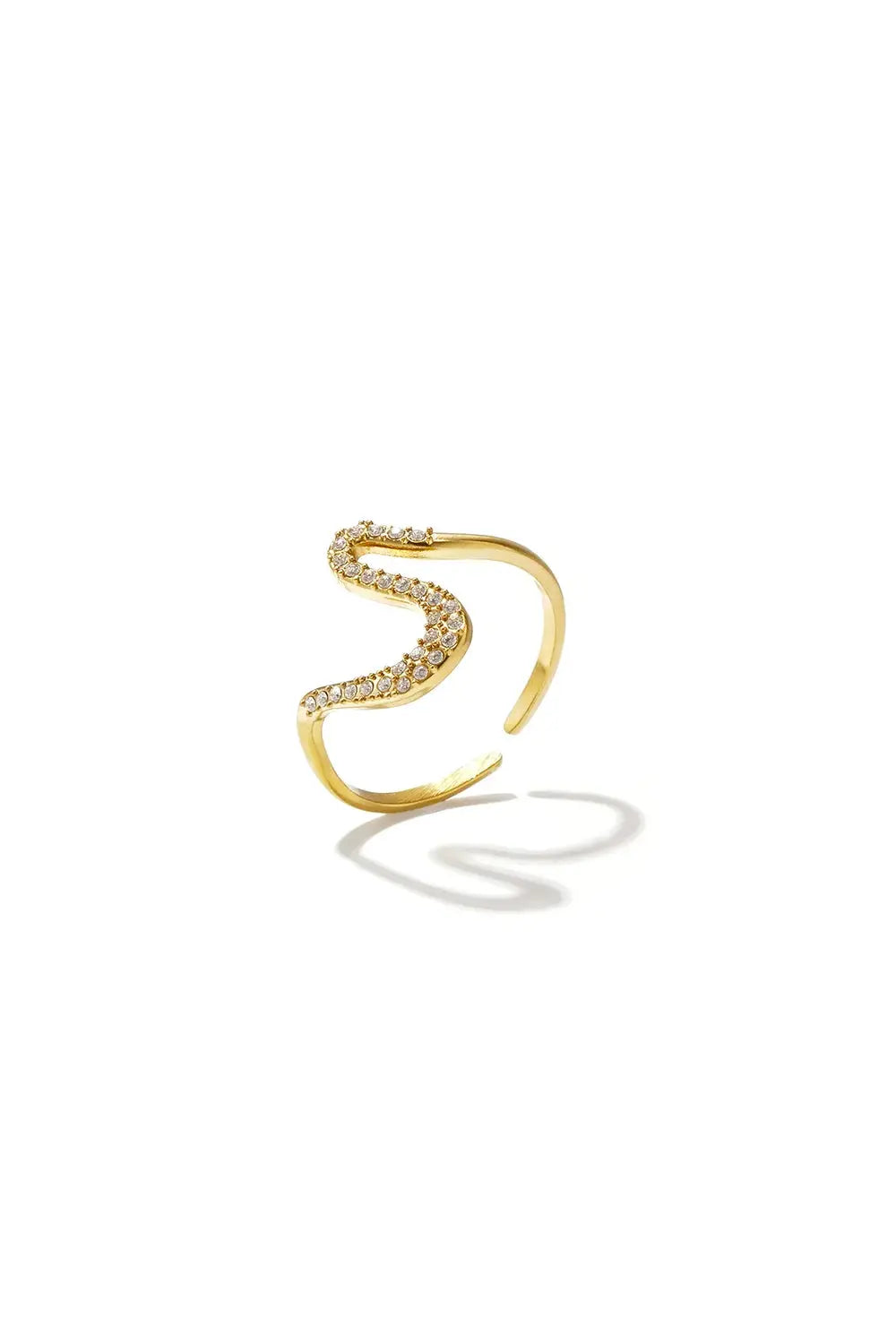 A gold-plated stainless steel adjustable ring featuring a sweeping open wave design encrusted with a double row of clear cubic zirconia stones against a white background. iris-wave-adjustable-ring.webp