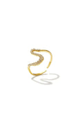 A gold-plated stainless steel adjustable ring featuring a sweeping open wave design encrusted with a double row of clear cubic zirconia stones against a white background. iris-wave-adjustable-ring.webp