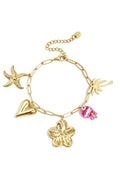 A gold-plated stainless steel charm bracelet featuring a paperclip link chain adorned with charms of a large hibiscus flower, a 3D puffy heart, a starfish, a palm tree, and a translucent pink fish. isla-tropical-hibiscus-charm-bracelet.webp
