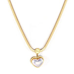 Gold flat herringbone chain necklace with a round engraved Love charm and a domed white pearl heart pendant in a gold heart frame, on a white background.
