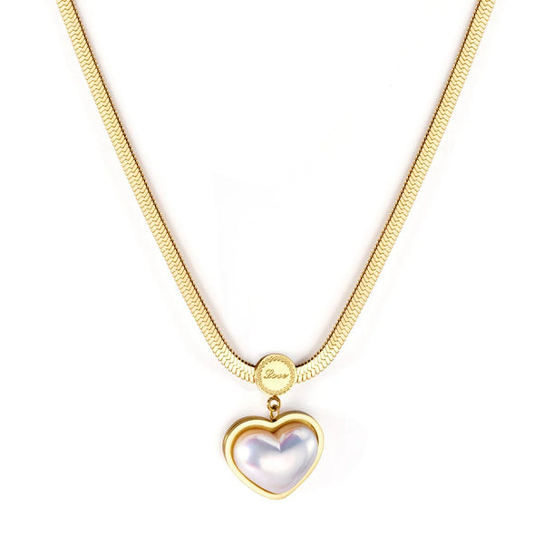 Gold flat herringbone chain necklace with a round engraved Love charm and a domed white pearl heart pendant in a gold heart frame, on a white background.