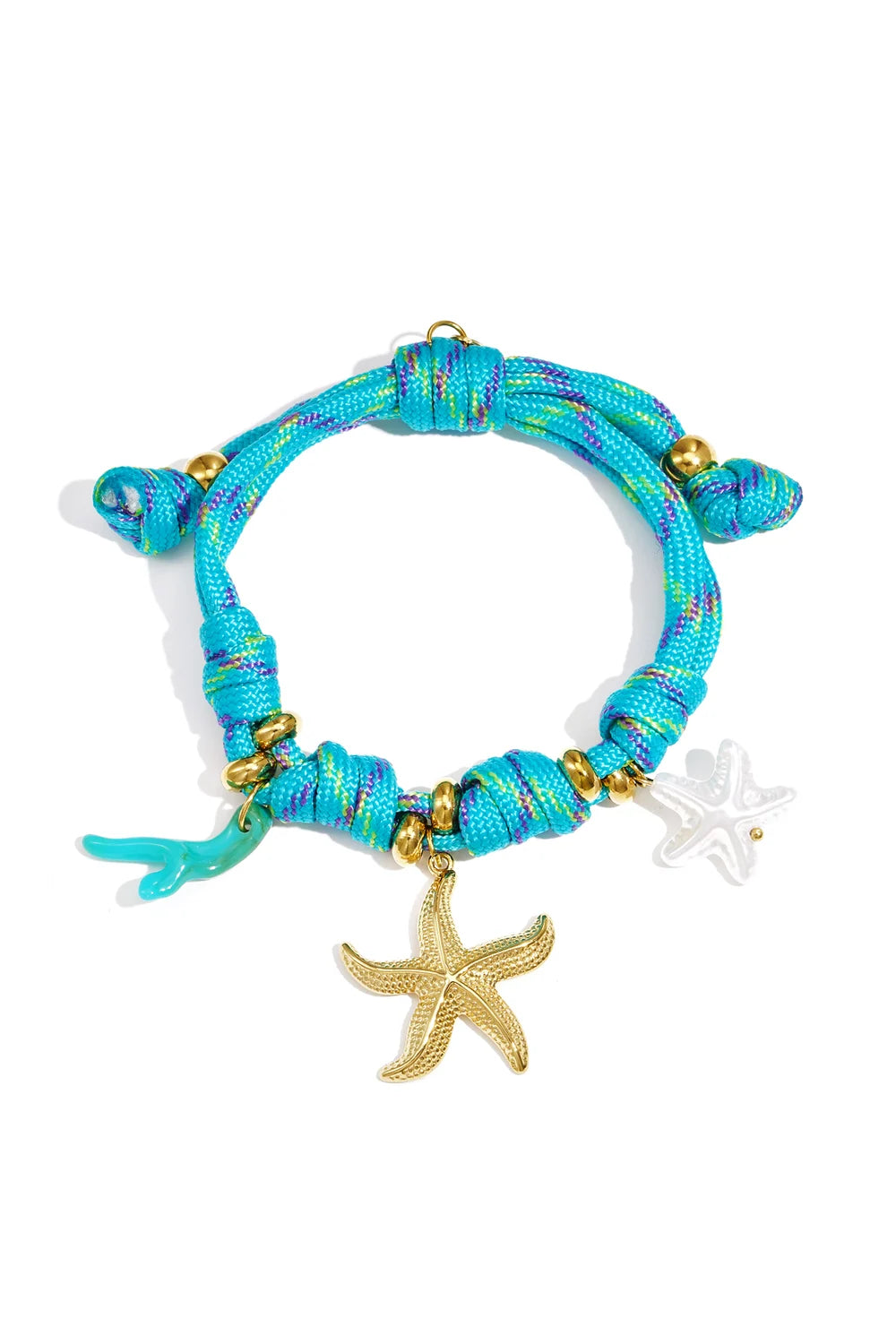 A turquoise braided cord bracelet featuring a gold starfish charm, turquoise coral, and a frosted white starfish charm on a white background.