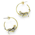 A pair of gold-plated open hoop earrings by Bill Skinner featuring highly detailed 3D lounging leopards hand-painted with white, tan, and black spotted enamel.