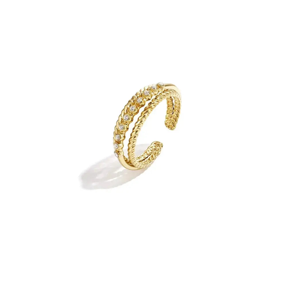 A gold-plated stainless steel adjustable double-row ring featuring one row of twisted nautical rope texture and one row of small sparkling clear pavé crystals. lira-double-row-cable-ring.webp