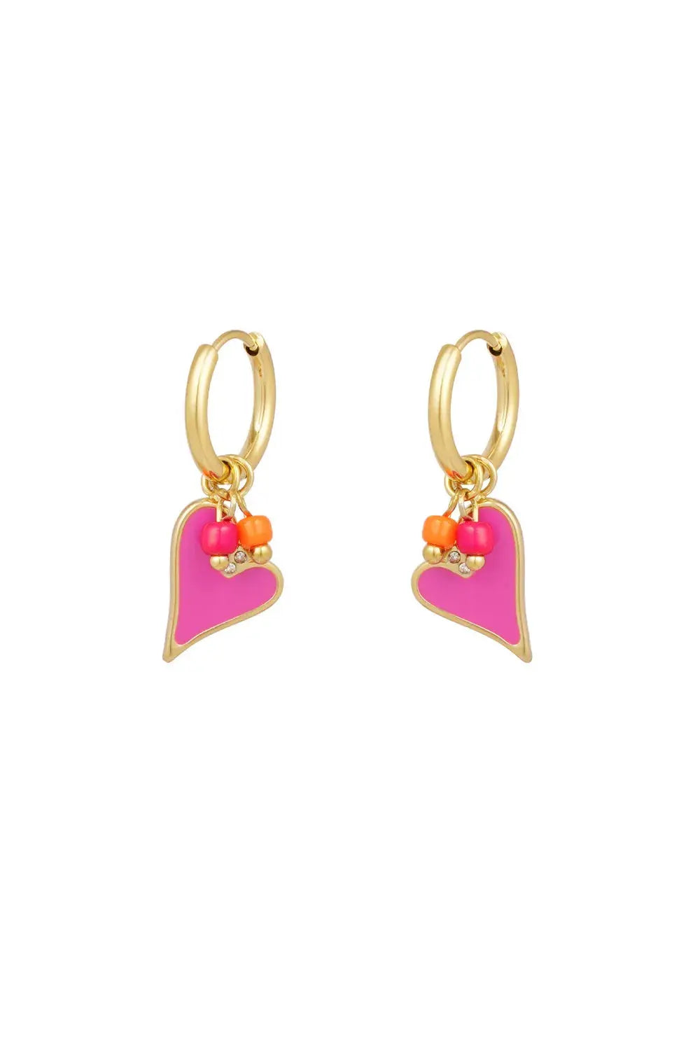 A pair of gold-plated stainless steel huggie hoop earrings featuring a hot pink enamel heart charm clustered with small pink and orange beads. lola-pink-enamel-heart-charm-huggie-earrings.webp