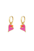 A pair of gold-plated stainless steel huggie hoop earrings featuring a hot pink enamel heart charm clustered with small pink and orange beads. lola-pink-enamel-heart-charm-huggie-earrings.webp