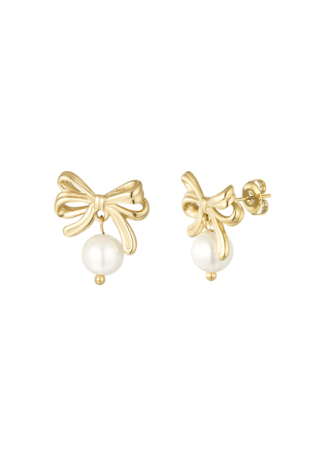 A pair of gold-plated stainless steel stud earrings featuring a highly detailed three-dimensional ribbon bow stud with a dangling round white faux pearl against a white background. lottie-bow-pearl-drop-stud-earrings.webp