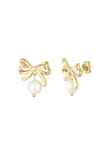 A pair of gold-plated stainless steel stud earrings featuring a highly detailed three-dimensional ribbon bow stud with a dangling round white faux pearl against a white background. lottie-bow-pearl-drop-stud-earrings.webp