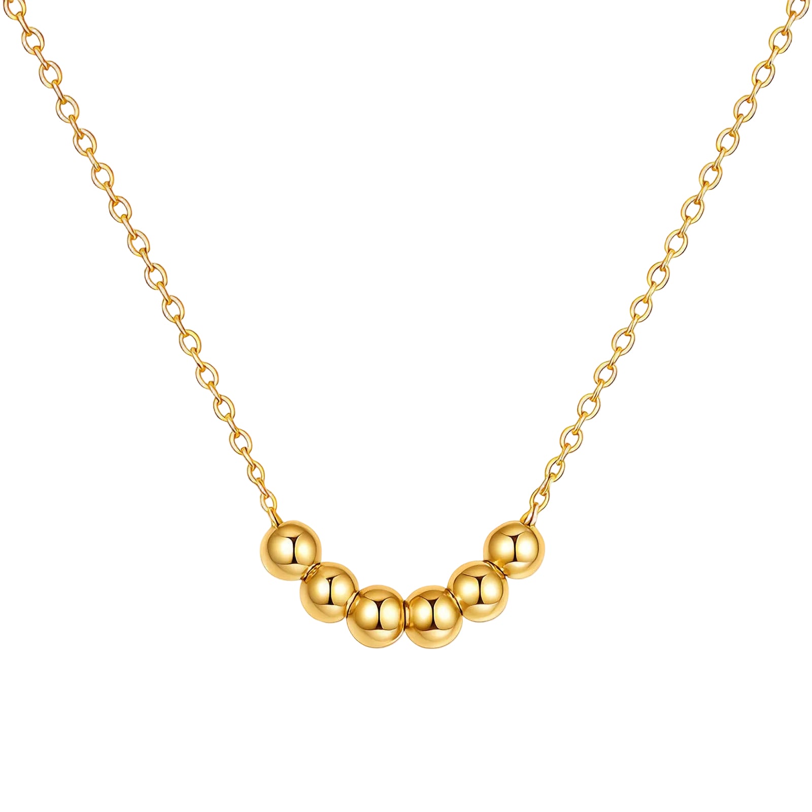 A gold necklace featuring seven polished gold beads arranged in a curve on a dainty cable chain, shown on a white background.