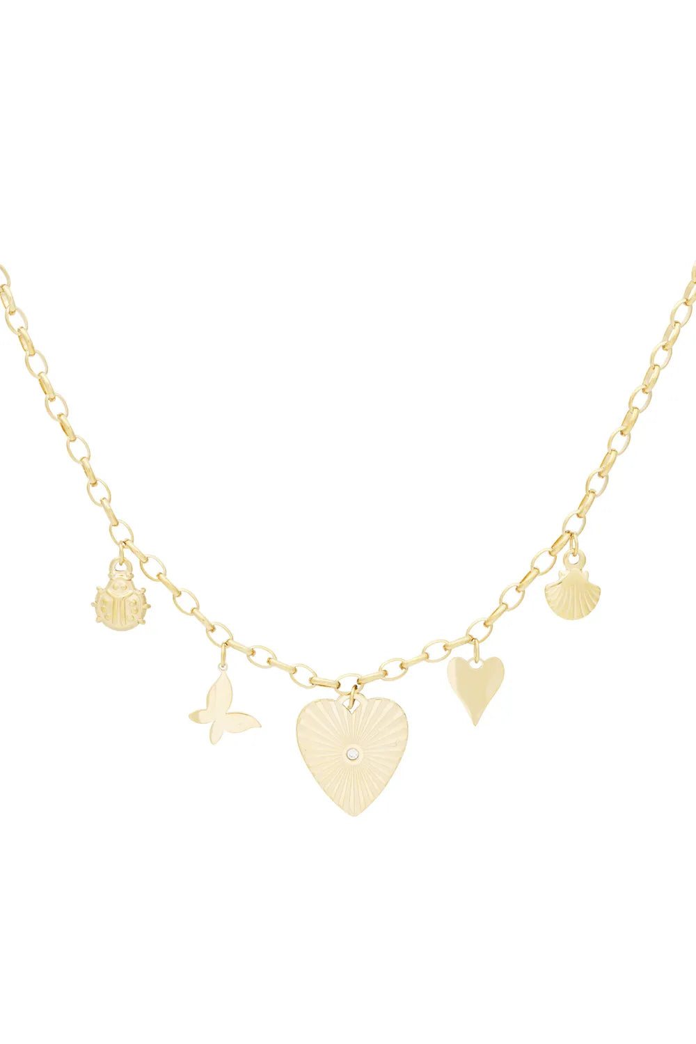 A gold-plated charm necklace featuring a central engraved sunburst heart pendant with a center crystal, paired with dangling charms of a ladybug, a butterfly, a small heart, and a scallop shell. meridien-sunburst-heart-charm-necklace.webp