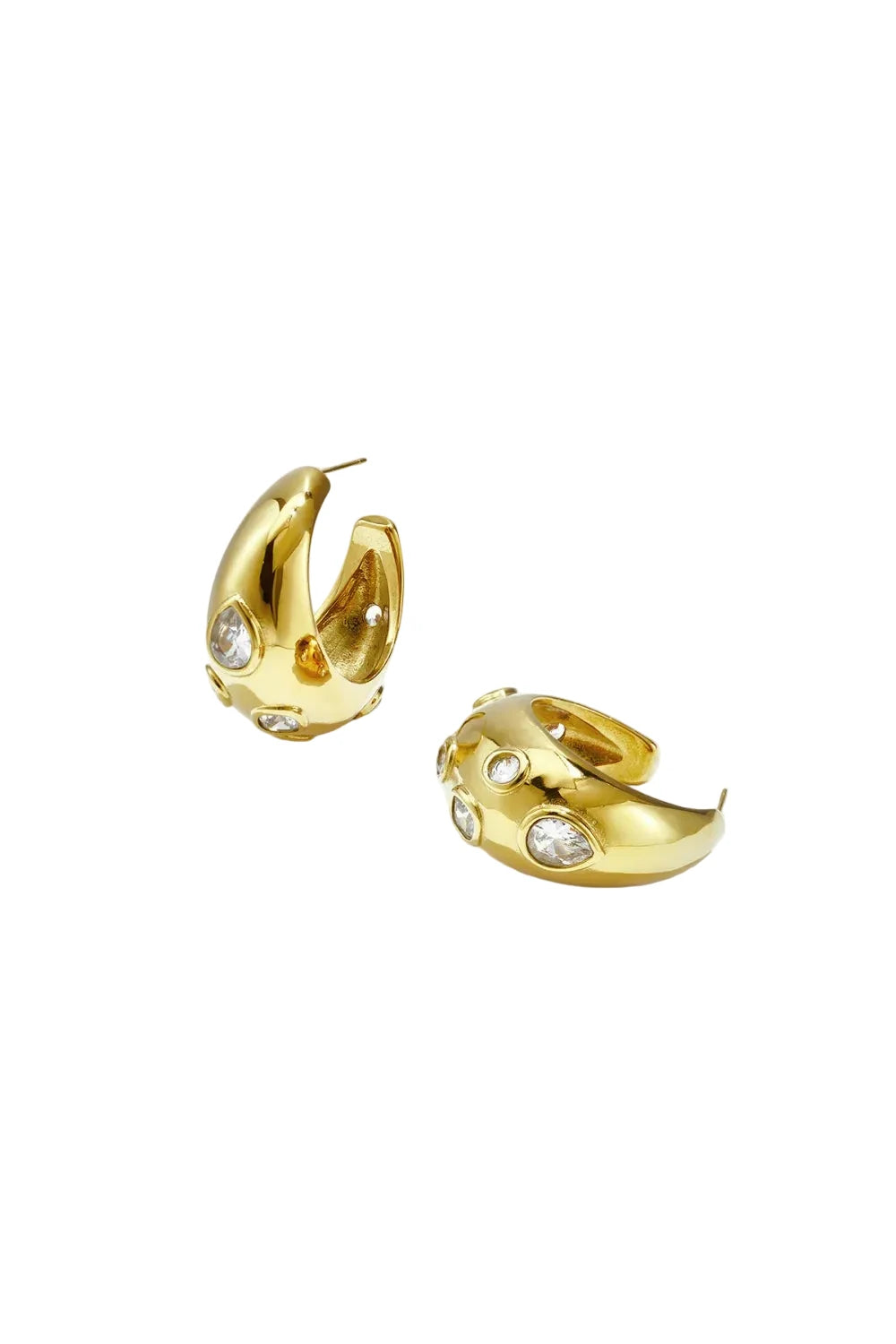Chunky gold dome hoop earrings with scattered crystal accents