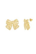 A pair of gold-plated statement stud earrings featuring a three-dimensional hand-tied ribbon bow shape with a matte hand-brushed satin finish. mignon-brushed-ribbon-bow-earrings.webp