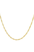 A gold-plated stainless steel chain necklace featuring three strands of flat liquid herringbone chain tightly braided into a twisted rope design against a white background. milano-twisted-herringbone-necklace.webp