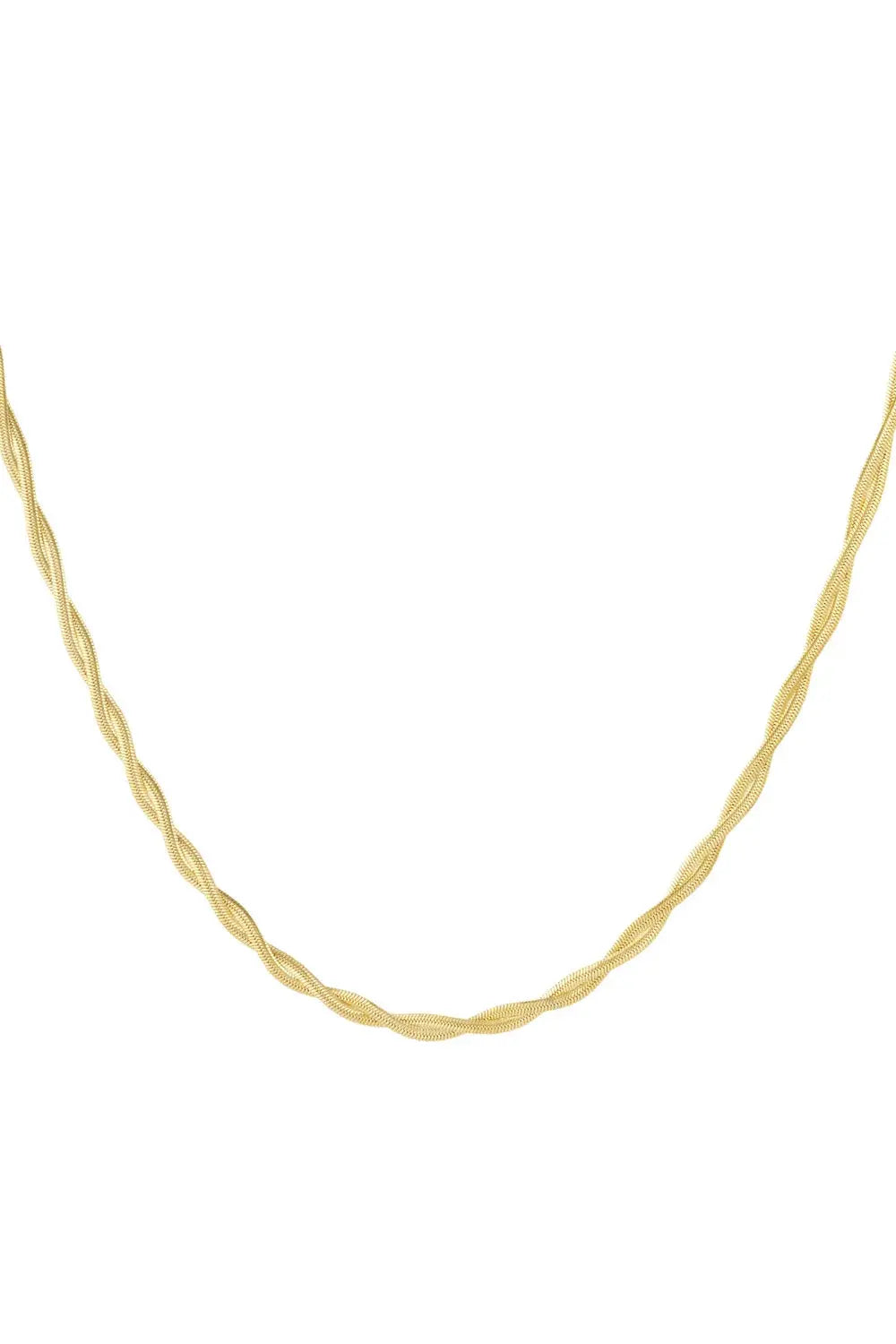 A gold-plated stainless steel chain necklace featuring three strands of flat liquid herringbone chain tightly braided into a twisted rope design against a white background. milano-twisted-herringbone-necklace.webp