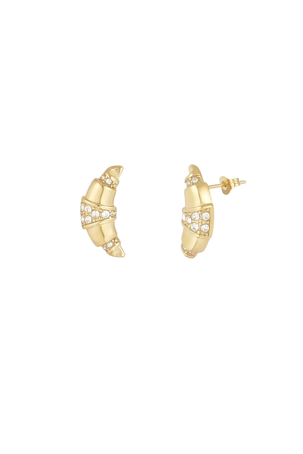 A pair of gold-plated stainless steel half-hoop stud earrings featuring a curved croissant design with alternating smooth gold ridges and sparkling pavé clear cubic zirconia bands against a white background. monique-pave-croissant-half-hoop-stud-earrings.webp