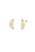 A pair of gold-plated stainless steel half-hoop stud earrings featuring a curved croissant design with alternating smooth gold ridges and sparkling pavé clear cubic zirconia bands against a white background. monique-pave-croissant-half-hoop-stud-earrings.webp