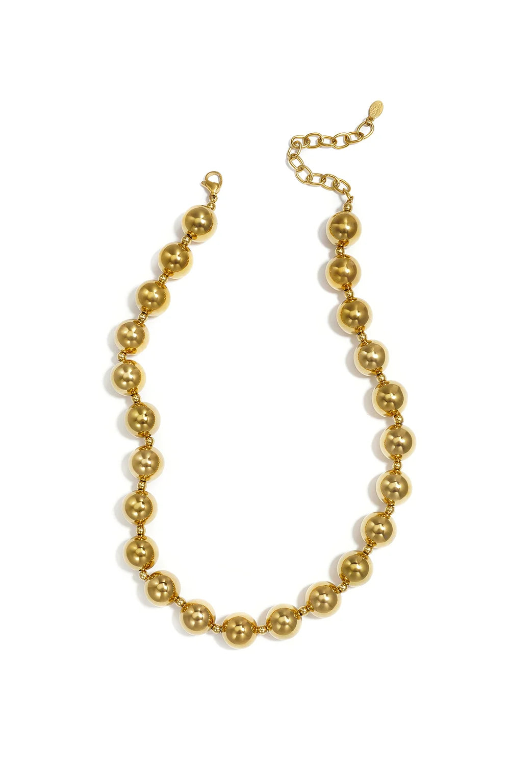 A bold gold-plated strand necklace featuring a continuous row of large, high-polish spherical metallic beads separated by tiny spacer accents. olimpia-necklace.webp
