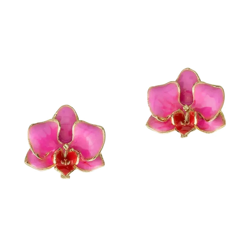 A pair of gold orchid-shaped stud earrings featuring fuchsia and red hand-painted enamel petals on a white background.