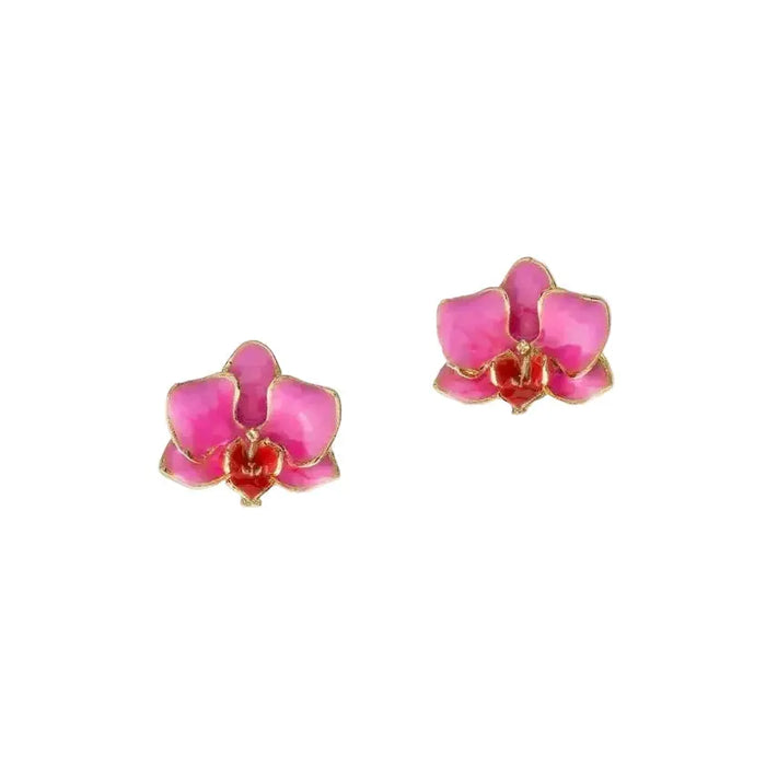A pair of gold orchid-shaped stud earrings featuring fuchsia and red hand-painted enamel petals on a white background.