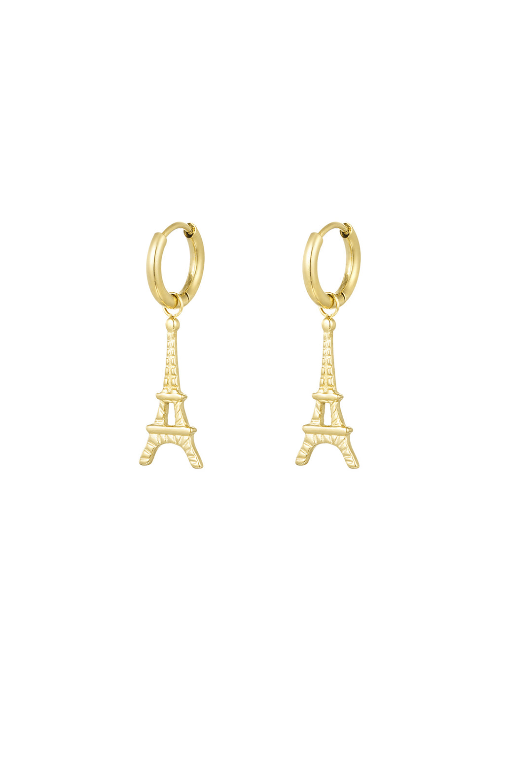 A pair of gold-plated stainless steel huggie hoop earrings featuring a dangling, highly detailed three-dimensional Eiffel Tower charm against a white background. parisian-eiffel-tower-huggie-earrings.webp