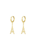 A pair of gold-plated stainless steel huggie hoop earrings featuring a dangling, highly detailed three-dimensional Eiffel Tower charm against a white background. parisian-eiffel-tower-huggie-earrings.webp