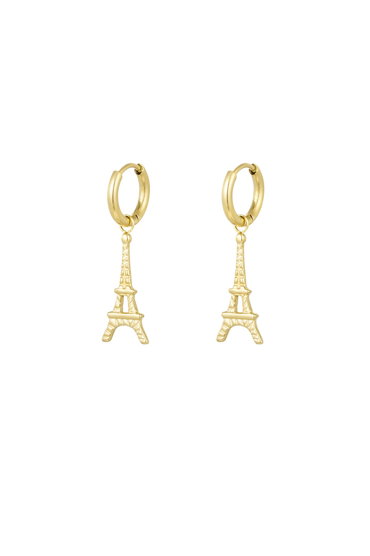 A pair of gold-plated stainless steel huggie hoop earrings featuring a dangling, highly detailed three-dimensional Eiffel Tower charm against a white background. parisian-eiffel-tower-huggie-earrings.webp