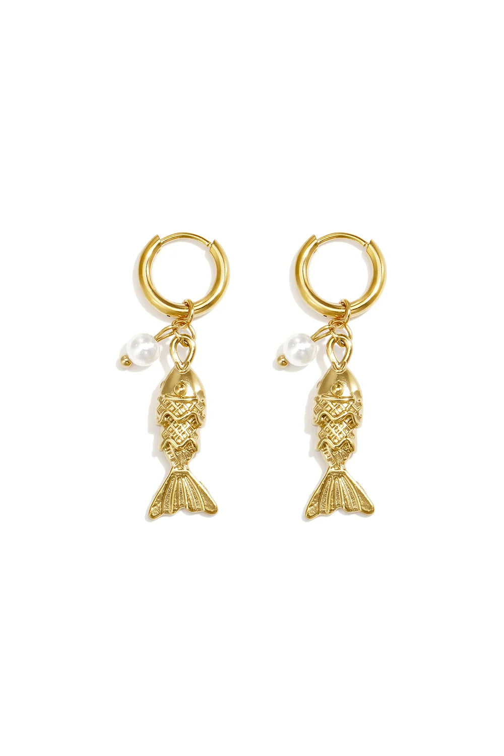 A pair of gold-plated stainless steel huggie hoop earrings featuring a dangling textured 3D gold fish charm and a small white pearl accent against