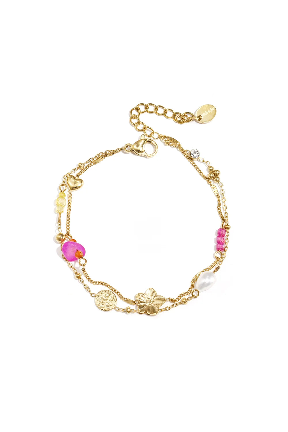 A gold-plated stainless steel double-layer charm bracelet featuring a central brushed gold flower, a hammered coin, a heart station, a white pearl, and a mix of magenta and yellow glass beads against a white background. posie-layered-eclectic-charm-bracelet.webp