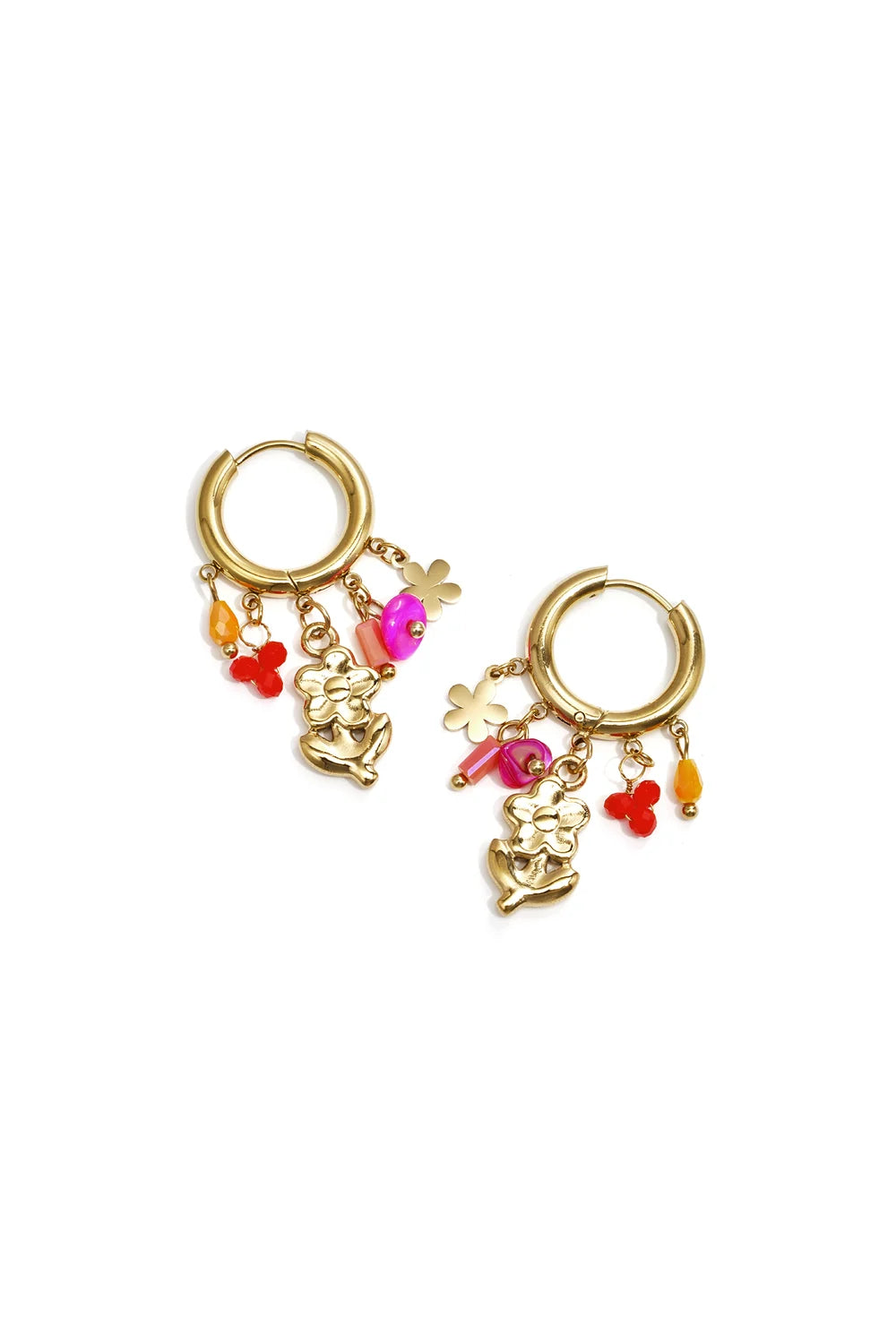 Pair of gold huggie hoop earrings featuring a cluster of charms including a gold tulip, small flowers, and pink and orange beads on a white background.