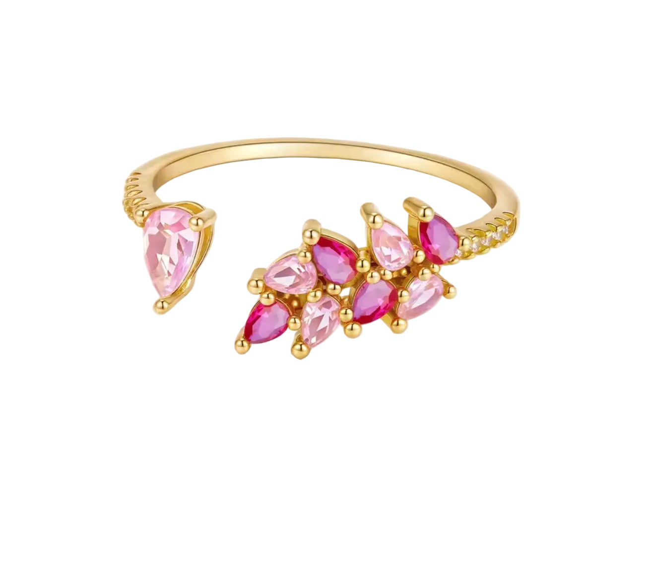 A gold-plated open-front ring featuring an asymmetrical design with a single light pink teardrop crystal on one end and a cluster of light pink and deep magenta pear-cut crystals on the other