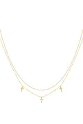 A gold-plated double-layer necklace featuring a top smooth snake chain and a lower beaded satellite chain adorned with three small dangling minimalist cross charms. providence-layered-cross-necklace.webp