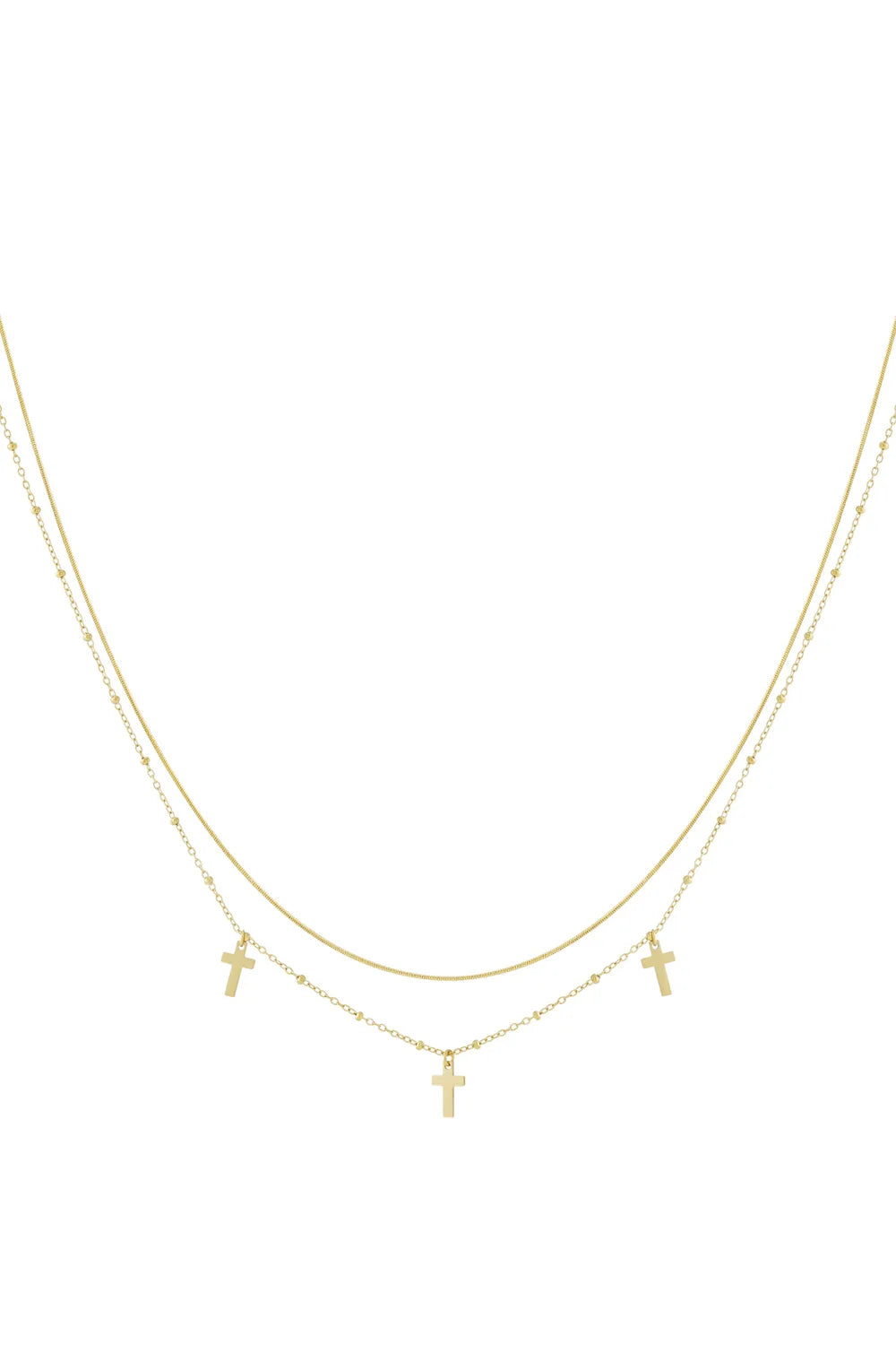 A gold-plated double-layer necklace featuring a top smooth snake chain and a lower beaded satellite chain adorned with three small dangling minimalist cross charms. providence-layered-cross-necklace.webp