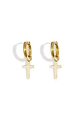 A pair of gold-plated huggie hoop earrings featuring a small, dangling minimalist flat cross charm with a high-polish mirror finish. providence-cross-huggie-earrings.webp