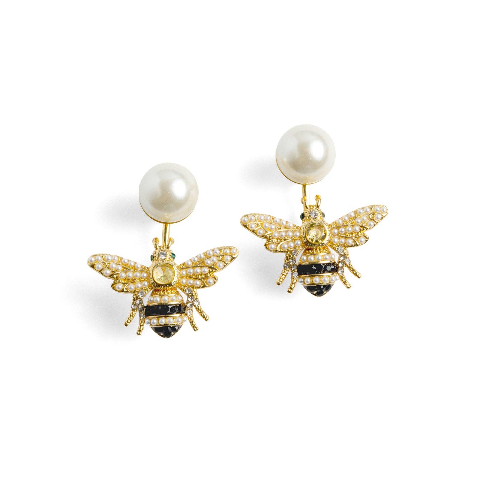 A pair of 14ct gold-plated Bill Skinner front-back earrings featuring a large white pearl stud and a detailed honeybee drop jacket lined with seed pearls and black enamel.