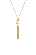 A gold-plated stainless steel pendant necklace featuring a horseshoe-shaped stirrup link and a cascading fine chain tassel against a white background. seraphina-stirrup-chain-tassel-necklace.webp