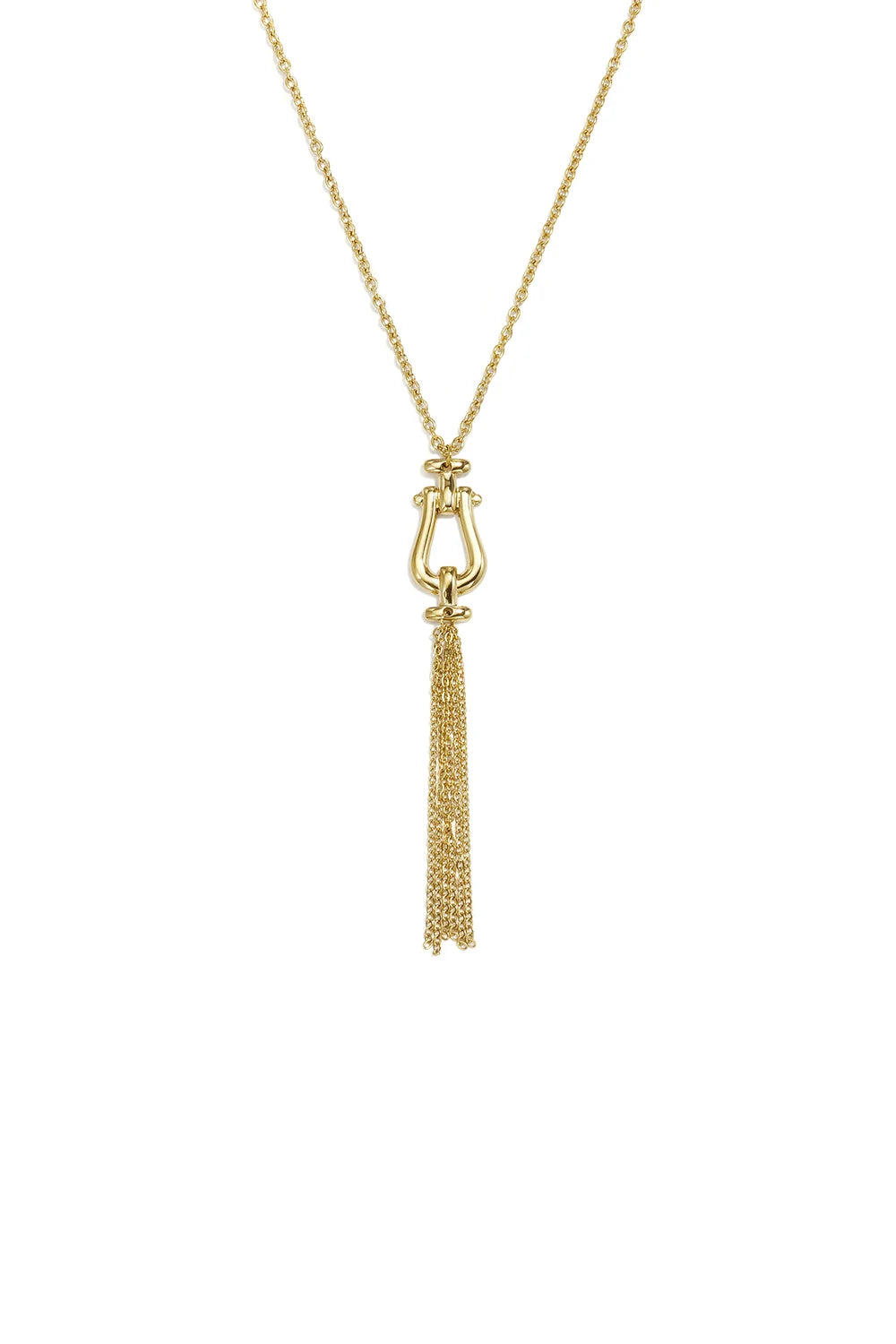 A gold-plated stainless steel pendant necklace featuring a horseshoe-shaped stirrup link and a cascading fine chain tassel against a white background. seraphina-stirrup-chain-tassel-necklace.webp