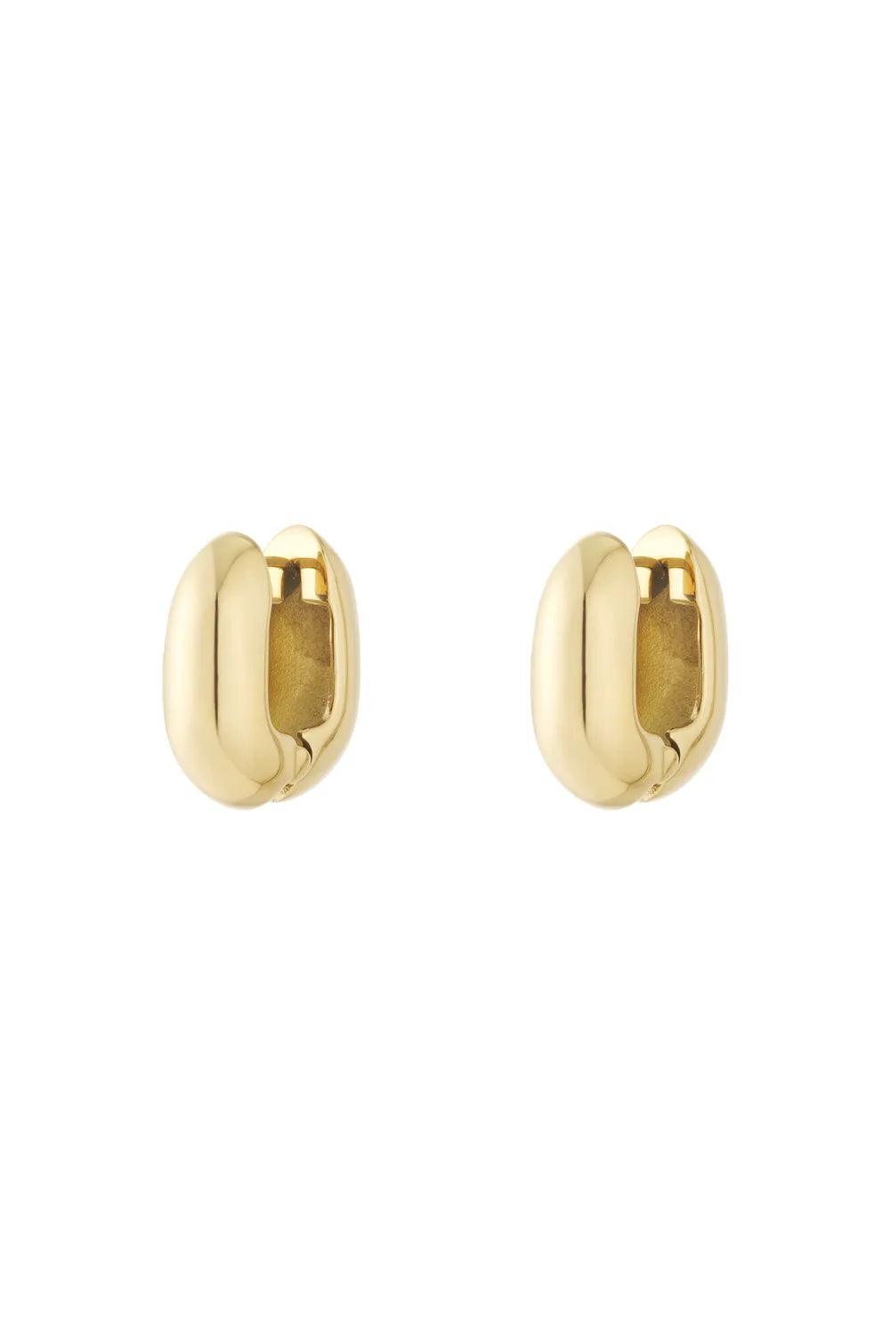 A pair of gold-plated stainless steel chunky tapered dome huggie hoop earrings with a high-polish finish against a white background. sienna-chunky-dome-huggie-earrings.webp