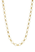 A gold-plated stainless steel statement necklace featuring alternating hammered coin discs and smooth open-circle links against a white background. sienna-hammered-coin-open-ring-statement-necklace.webp