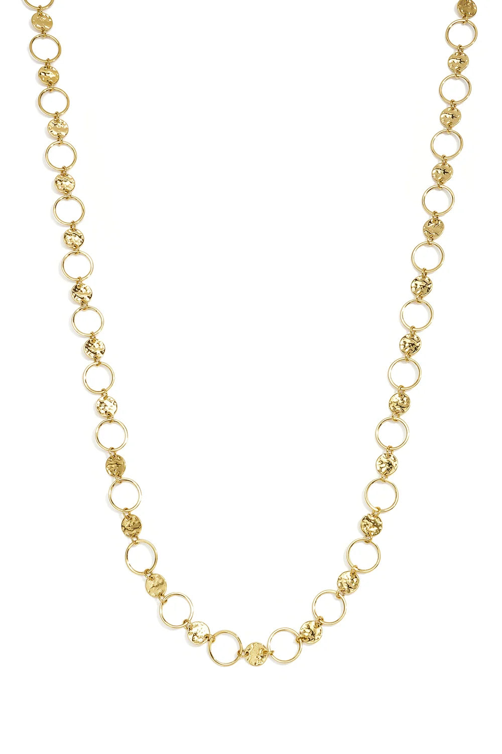 A gold-plated stainless steel statement necklace featuring alternating hammered coin discs and smooth open-circle links against a white background. sienna-hammered-coin-open-ring-statement-necklace.webp