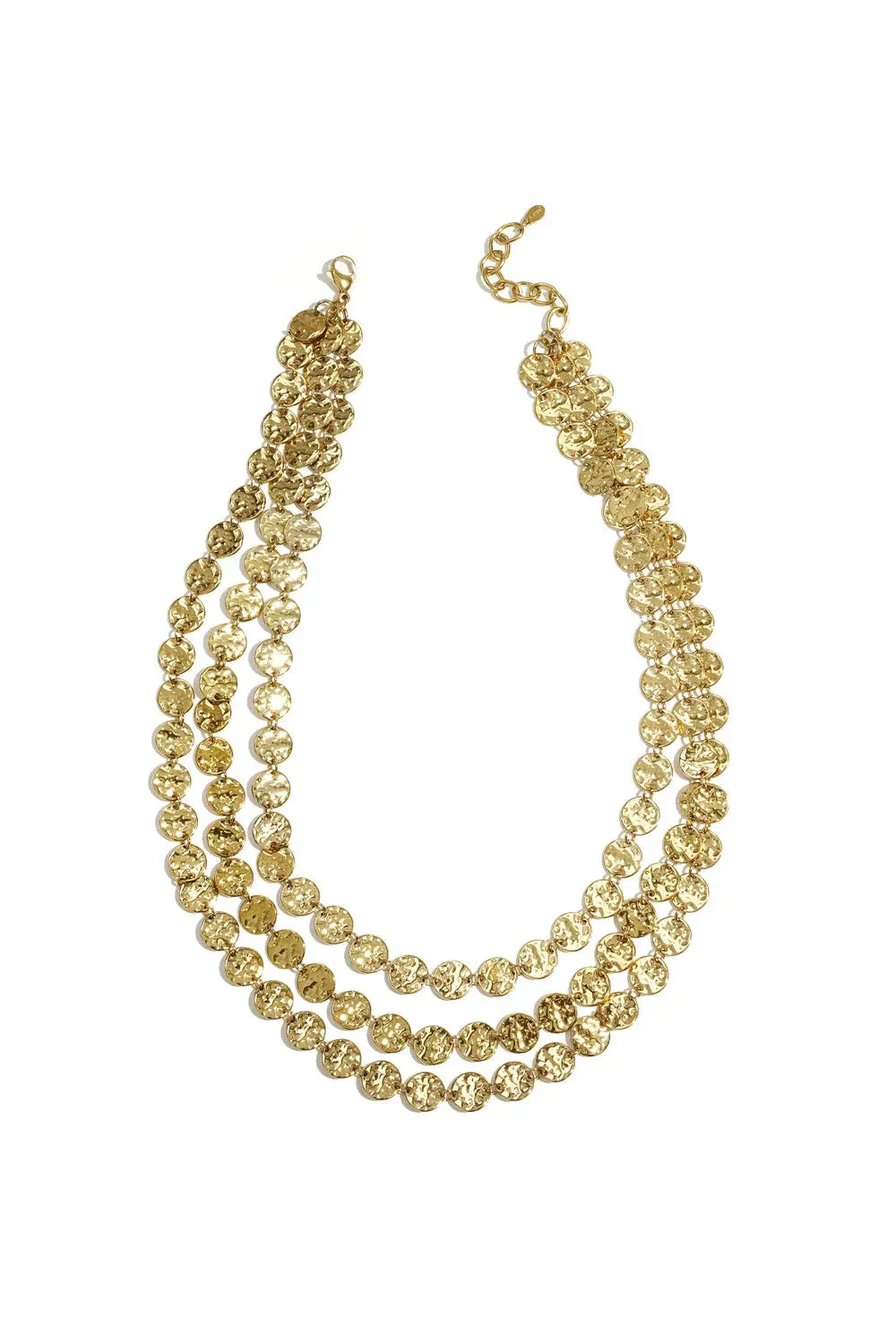 A wide gold-plated stainless steel triple-layer statement necklace composed of three staggered strands of small textured hammered coin discs. sienna-multi-layer-hammered-coin-necklace.webp