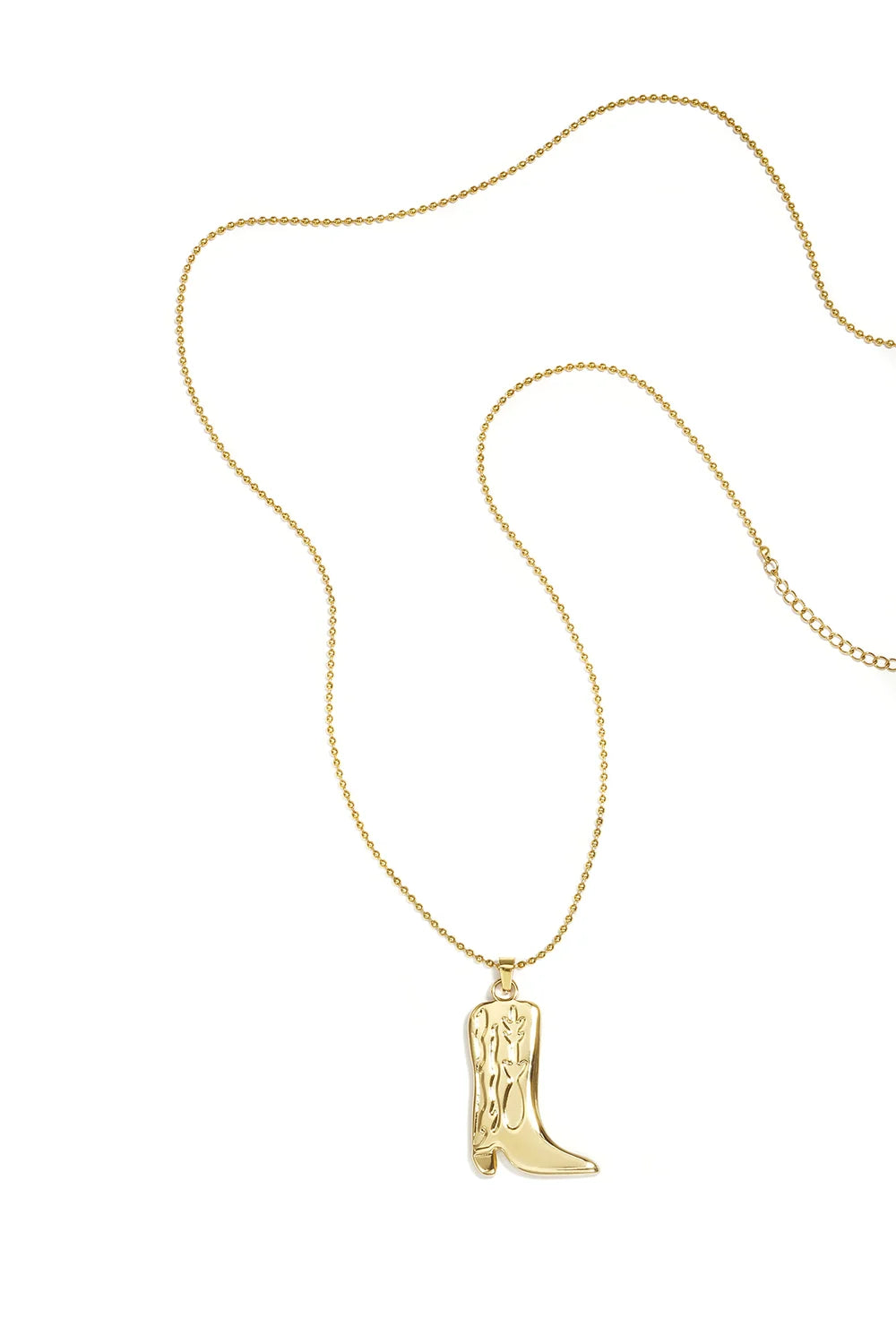 A gold-plated stainless steel ball chain necklace featuring a sculpted cowboy boot pendant with engraved Western stitch detailing against a white background. sierra-western-cowboy-boot-ball-chain-necklace.webp
