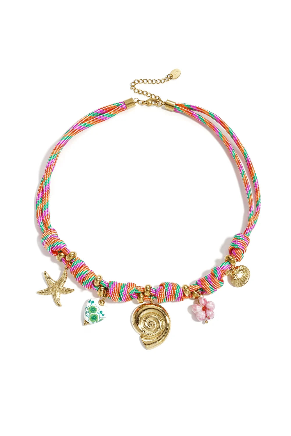 Multi-strand woven beach charm necklace in pink, green, and orange with gold sea shell charms, a ceramic heart, and a pink glass flower on a white background.